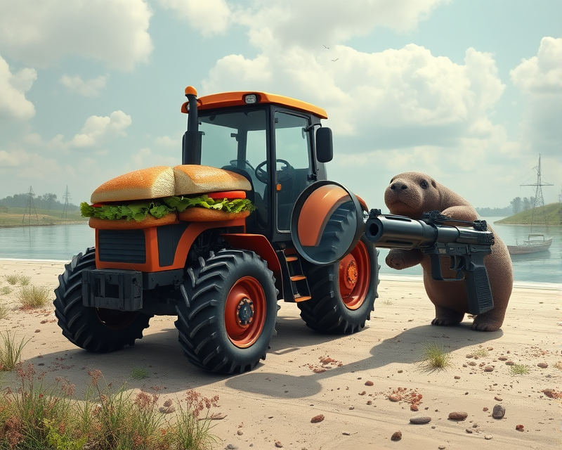 tractor, sandwich, magnifying glass, gun, manatee